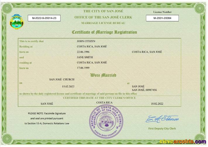 Costa Rica marriage certificate